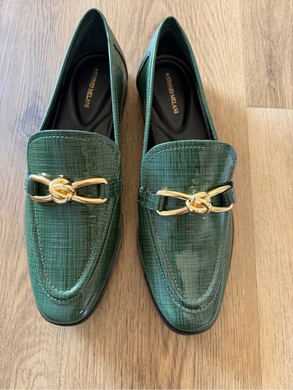 ANTONIO MELANI Green Patent Leather Loafers with Gold Knot Hardware